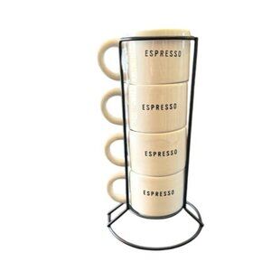 Espresso Ceramic Set 5 Pieces Stackable Mugs with Wire Holder